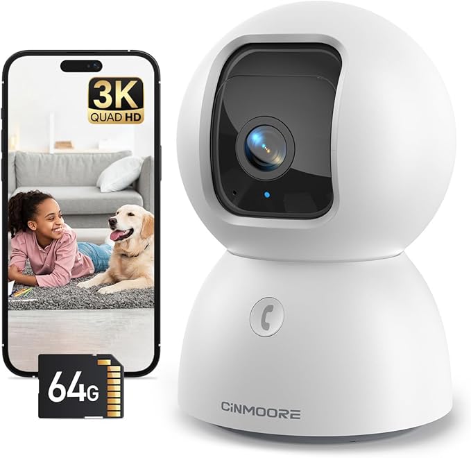 CINMOORE 3K Indoor Camera with 64GB Card, Human/Pet/Facial AI Detection by Unknown