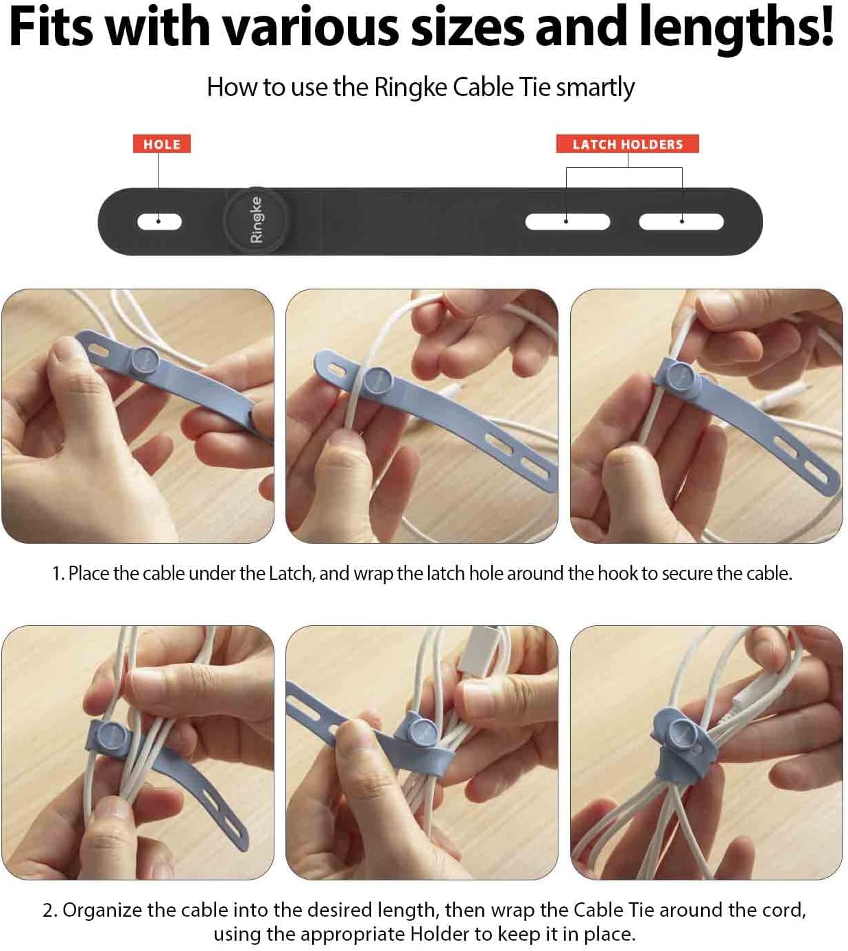 Ringke Silicone Cable Ties [Reusable Cable Management] Flexible Cord Organizer, Adjustable Length Long-lasting Durable Cable Clips - 15 Pack