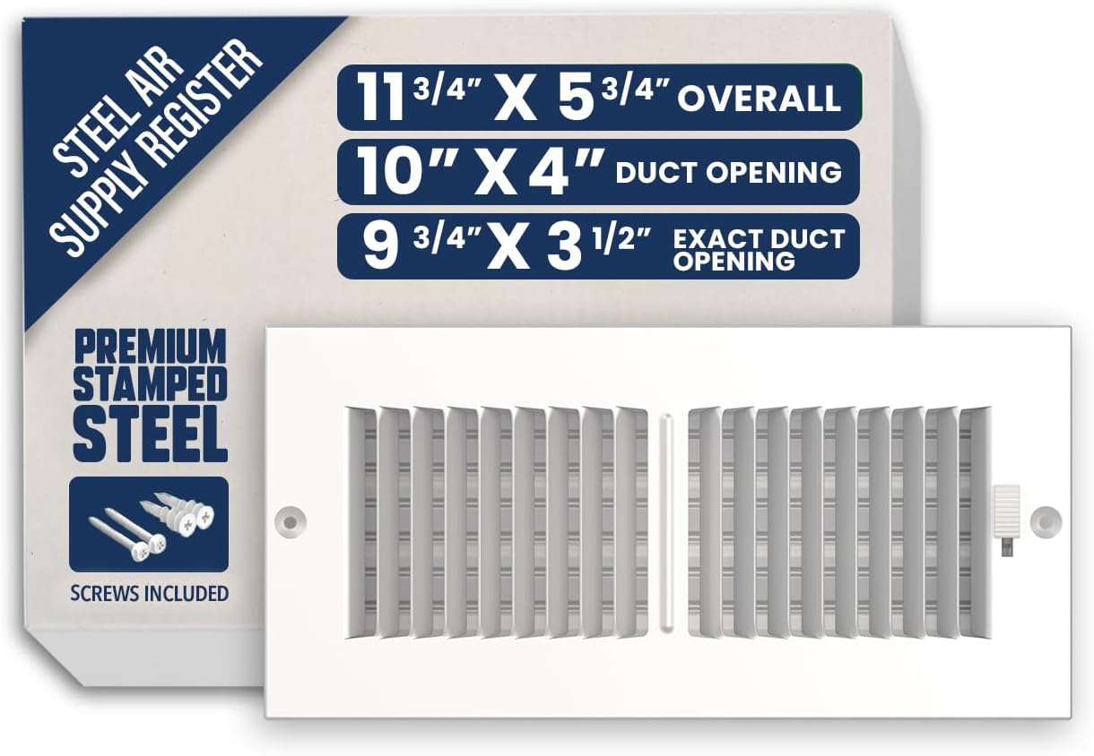 Air Supply Vent Cover for Wall or Ceiling 10 x 4 Inch (Duct Opening), Solid Steel Supply Air Grille, Outer Dimensions: 11.75"W X 5.75"H, White