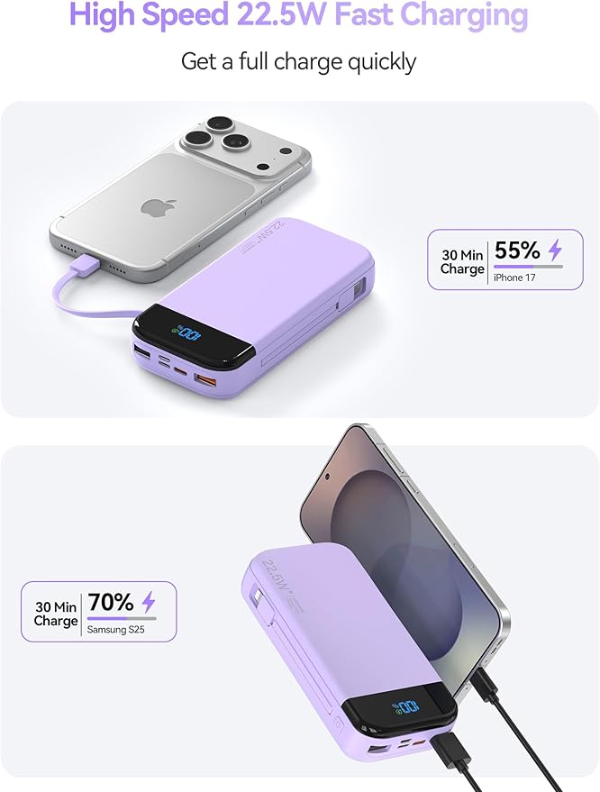 LENGSUM Portable Charger Power Bank Built-in Cables, 32000mAh 22.5W USB C Fast - Image 2