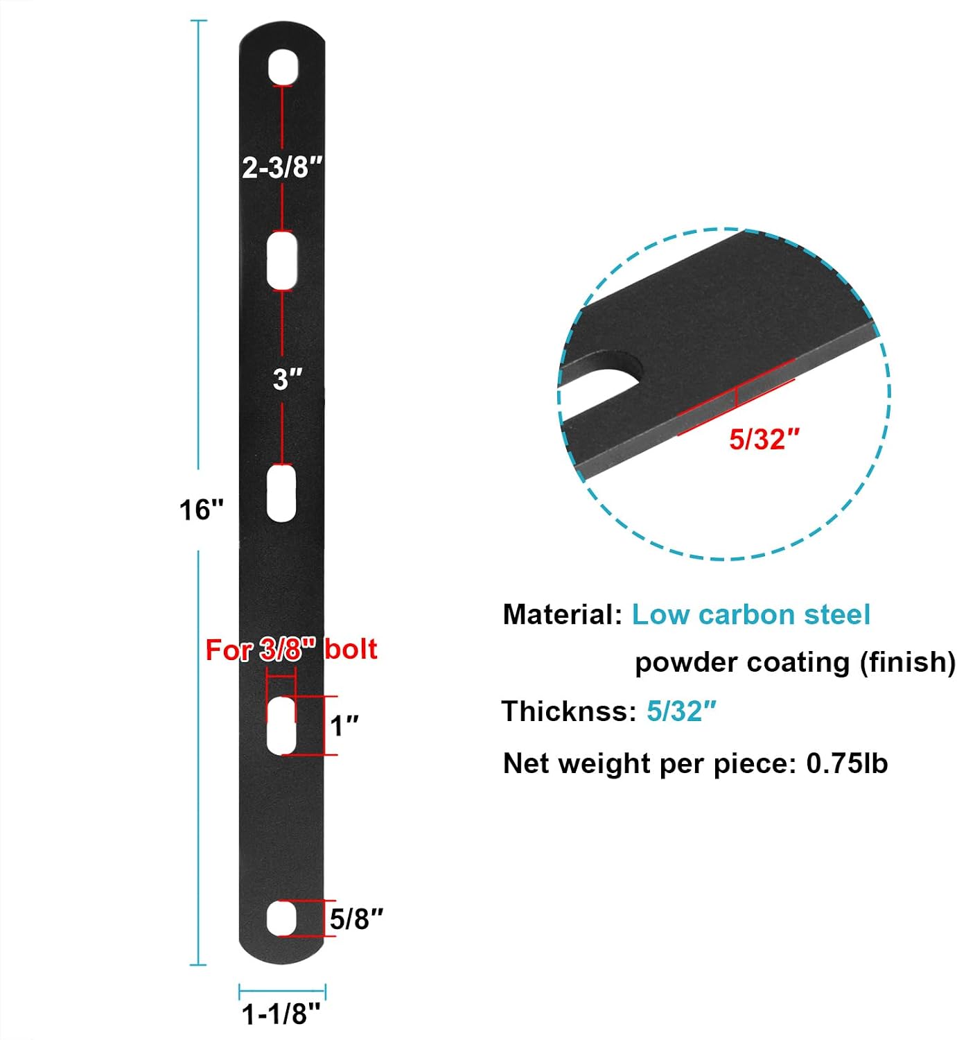6 PCS Flat Mending Plate, Metal Brace Bracket, 16" x 1-1/8", 8 Gauge | Slotted Hole for 3/8" Bolt