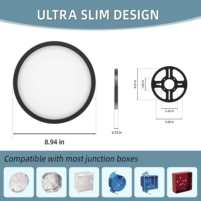 TOPELER Black Slim LED Surface Mount Ceiling Light, 9inch Dimmable Round Flat - Image 7