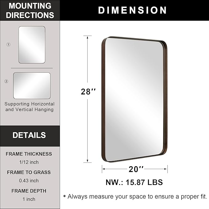 ANDY STAR Wall Mirror for Bathroom, 20”x28”Brushed Bronze Bathroom Mirror - Image 6