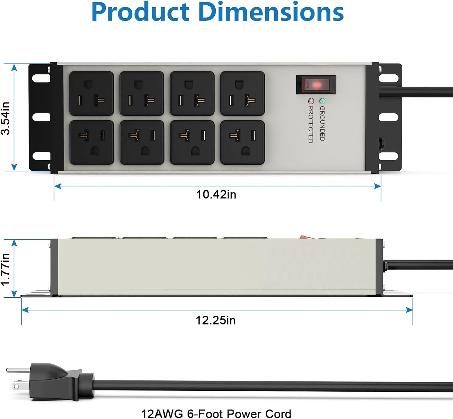 Heavy Duty Power Strip 20 Amp, 12 Gauge Surge Protector, 6FT | 2500W Extension Cord with Multiple Outlets，8 Ports Wall Mount for Garage, Workshop, Shop，Industrial
