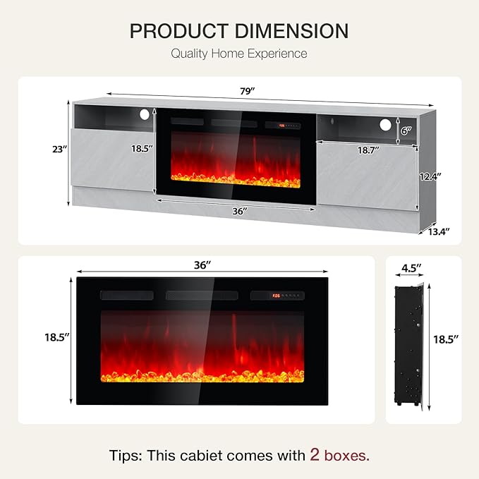 YISUFO 80” TV Stand with 36” Electric Fireplace, Large Modern Media - Image 4