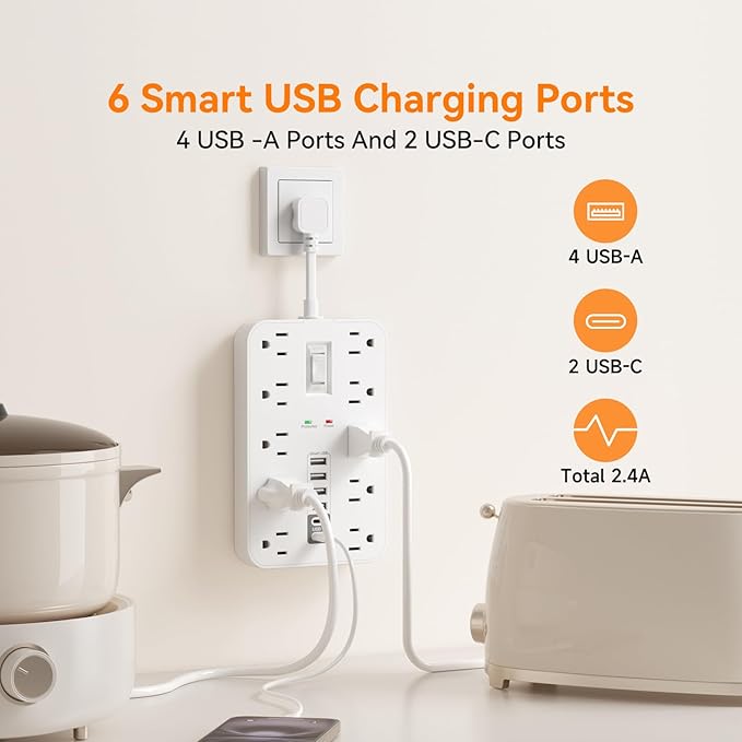 Short Extension Cord with USB and USBC Ports, Flat Outlet Extender with 10 AC - Image 4