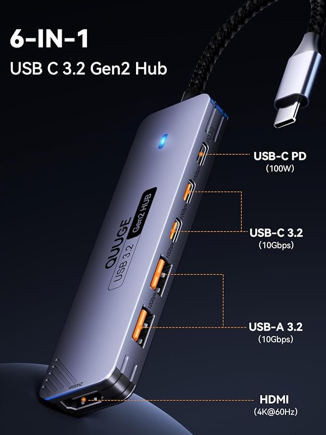 QUUGE USB C Hub 10Gbps, 6-in-1 Aluminum Multiport Adapter - Image 2