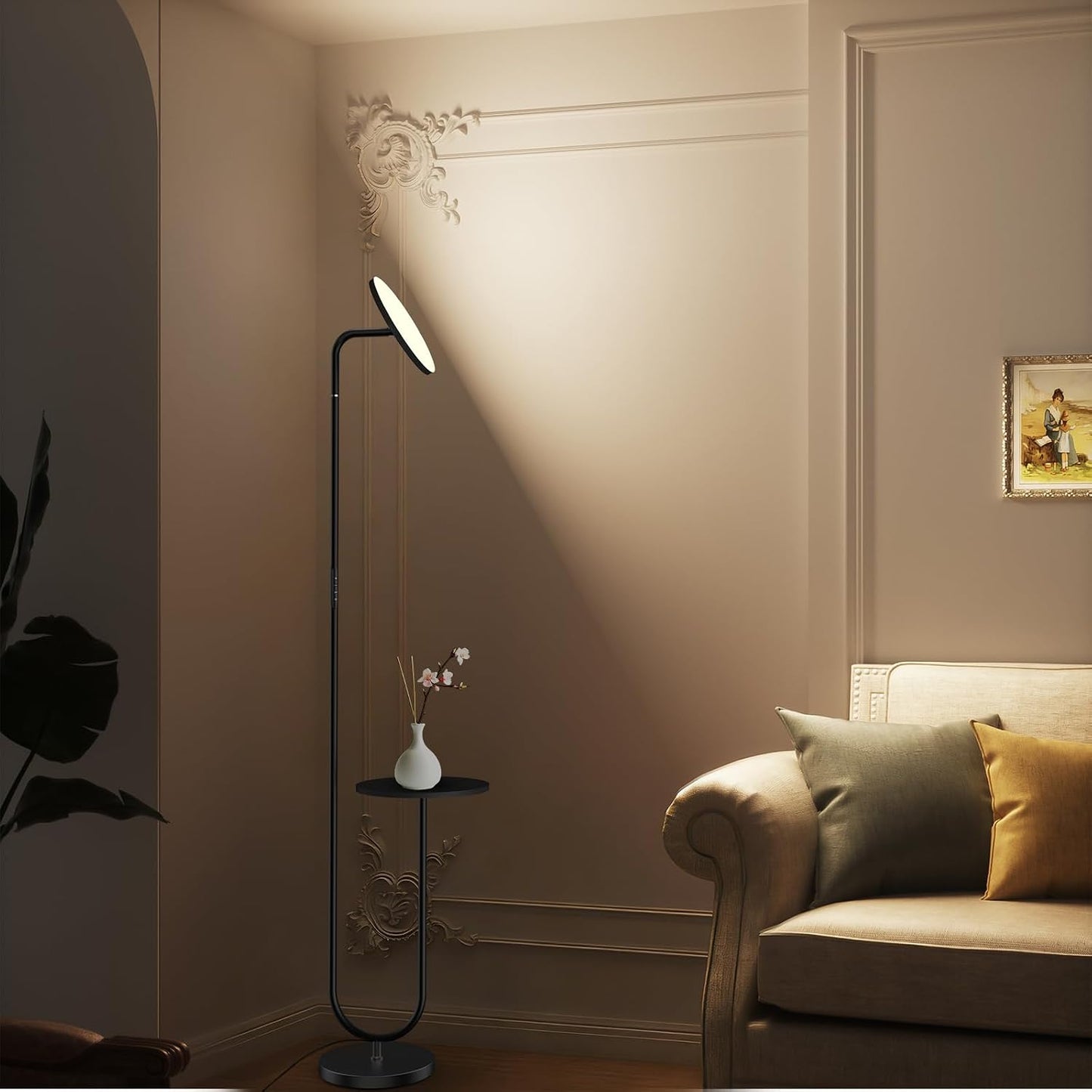 36W LED Floor Lamp with Table, Super Bright Standing Lamp, Modern Stepless Dimmable Torchiere Tall Lamp with Remote Control, 350°Rotating Head Floor Lamp for Living Room, Bedroom, Office