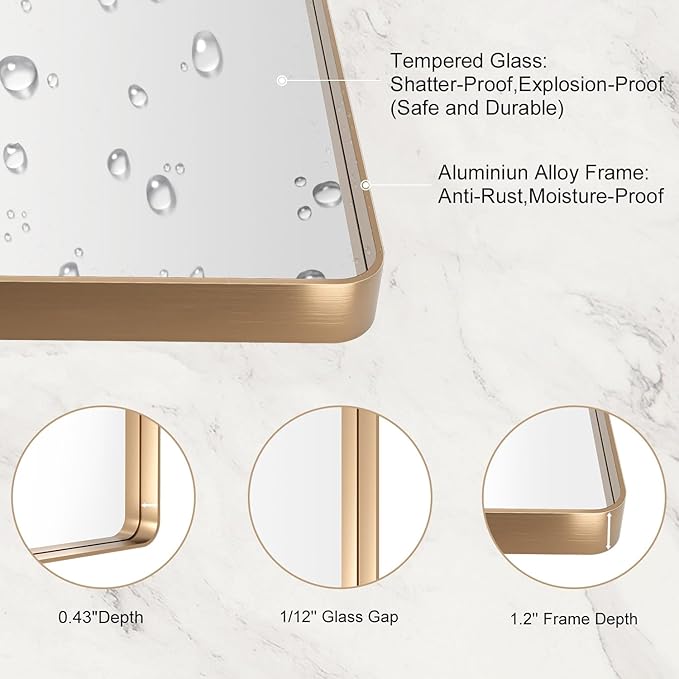 LOAAO 24”X32” Gold Bathroom Mirror, Rounded Rectangle Gold Frame Mirror - Image 5