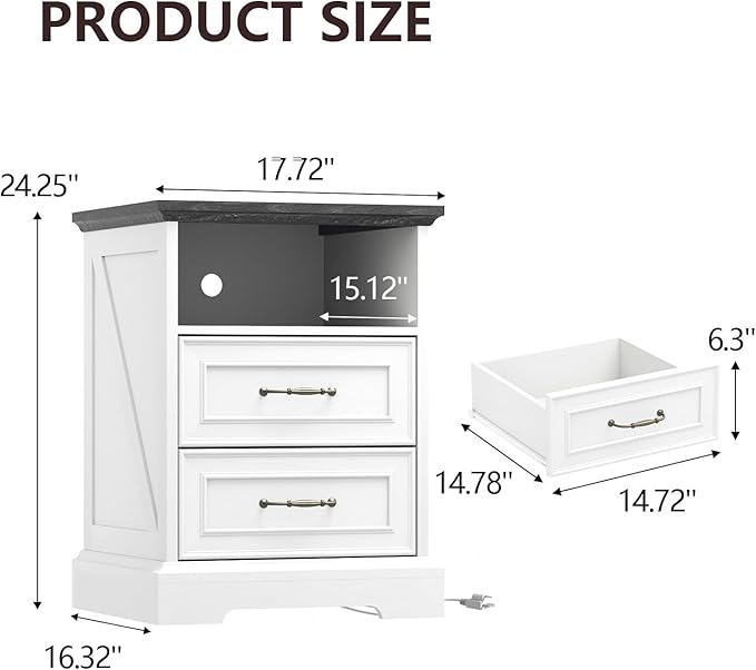 Nightstand with Charging Station Set of 2, Rustic Farmhouse Wood Small Dresser - Image 2