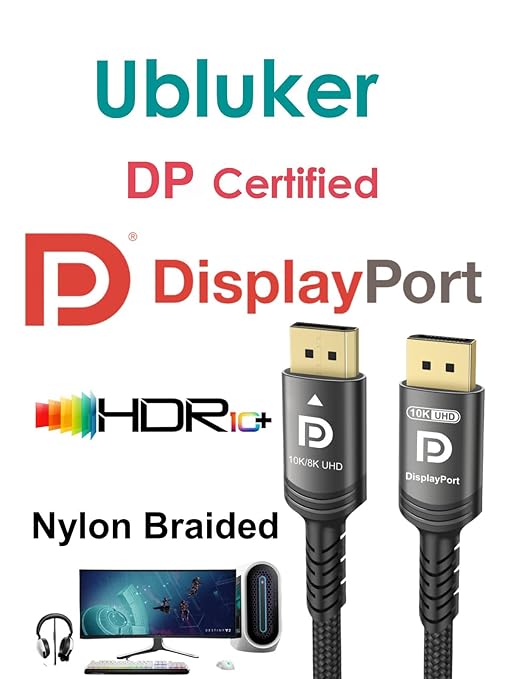 Ubluker 10K 8K DisplayPort 2.1 Cable 54Gbps 10 FT, Certified DP to DP Cord 4K - Image 2
