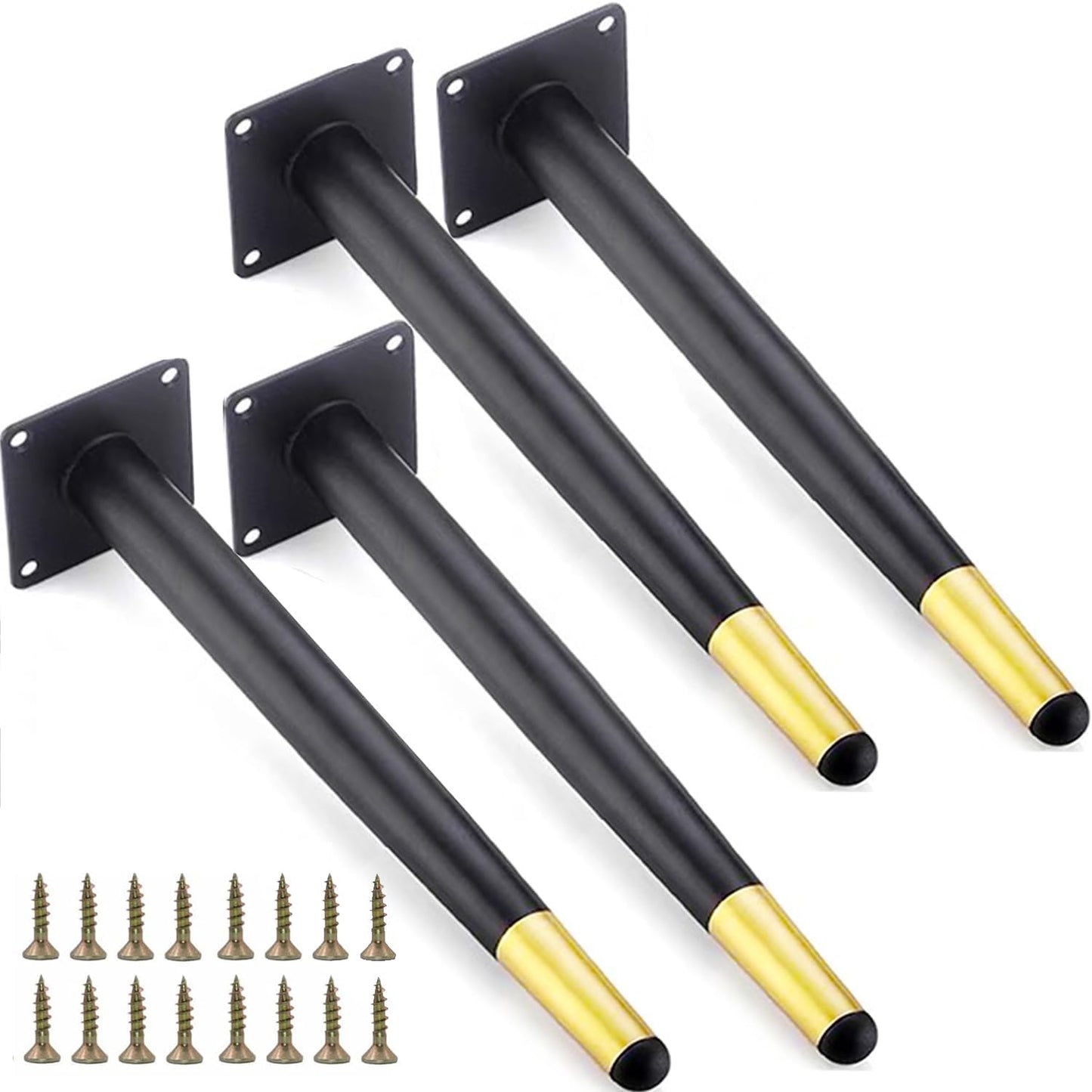4pcs 9 7/8 inch (25cm) Black & Gold Metal Furniture with Level Feet | Straight Furniture Feet for TV Stand, Sofa, Dresser, Cabinet, Vanity