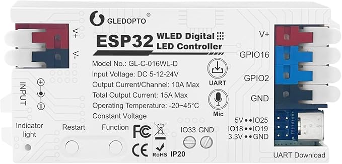 ESP32 WLED LED Strip Light Controller 15A Fuse Music Mic DIY Dynamic Lighting by GledoptoSmartHome