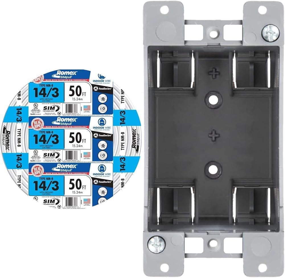 Southwire 14/3 Romex Brand Simpull Solid 50ft NM-B Cable and Newhouse 1-Gang 14cu in PVC Electrical Outlet Box
