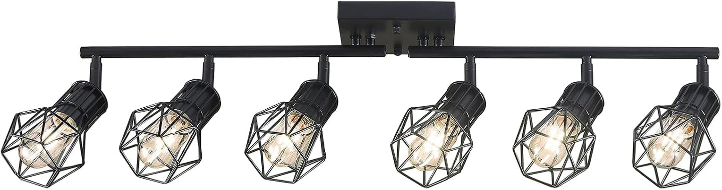 Matte Black Ceiling Mount Track Lighting 6-Light E26 for Kitchen | Matte Black 6-Light Farmhouse Track Lighting, Metal Cage, Adjustable Heads, E26 Base for Kitchen Bathroom Living Room