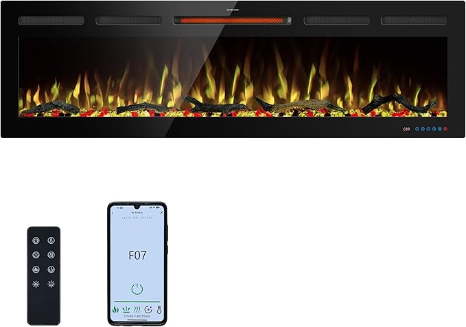 60" WiFi Electric Fireplace Inserts, Recessed and Wall Mounted Fireplace Heater by KENTSKY