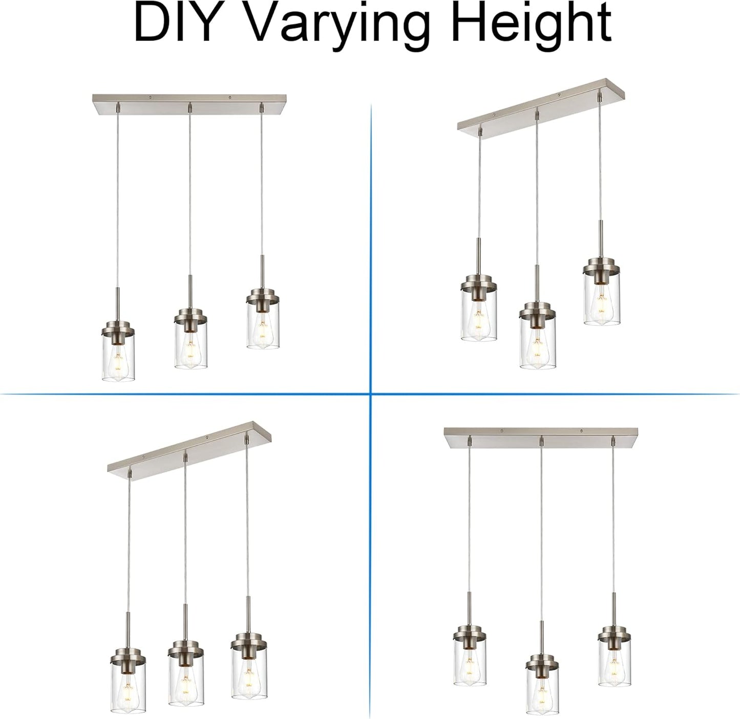 MELUCEE Kitchen Pendant Lighting Over Island 3 Light Brushed Nickel Finish | Linear Chandelier Dining Room Light Fixtures Ceiling Hanging Lamp with Clear Glass Shade, 20.5 Inches Length
