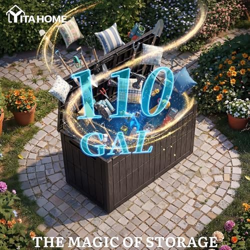 yitahome 110 gallon outdoor deck box shown in use