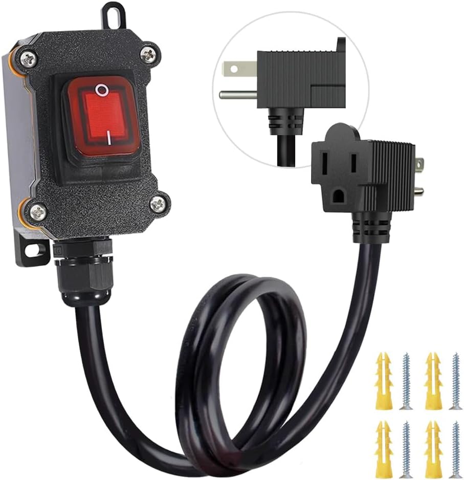 Inline Cord Switch with 3.3FT 14AWG Cable Piggyback Plug(3-Pronged), IP67 Waterproof Extension Cord with On/Off, AC/DC 20A-125V Inline Power Switch with Red LED Rocker Button