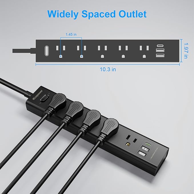 10FT Long Surge Protector Power Strip-with 5 Widely Outlets and 3 USB Ports - Image 5