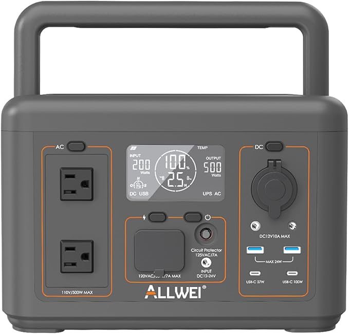ALLWEI Portable Power Station 500W, 512Wh LiFePO4 Battery, UPS Function by ALLWEI