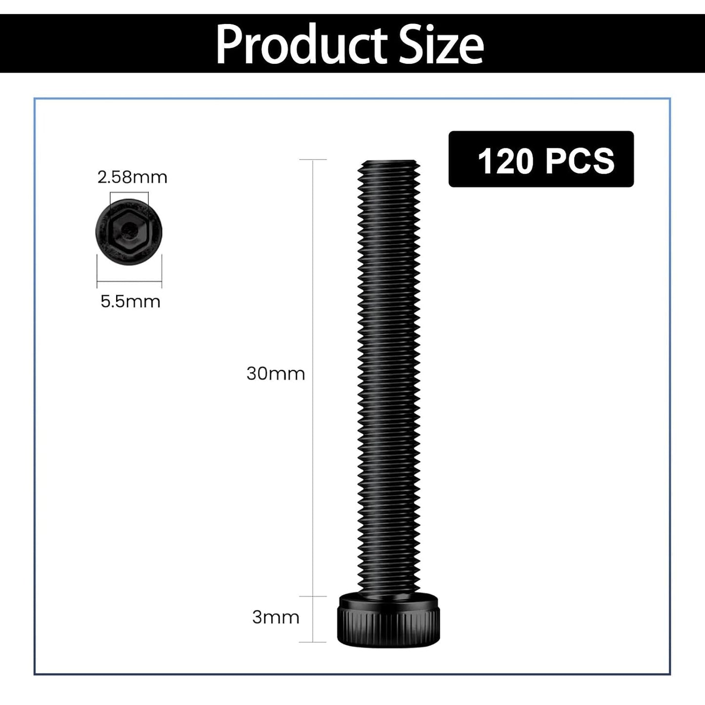 120Pcs M3x30mm Hex Socket Head Cap Screws Bolts,12.9 Alloy Steel Black Oxide,Allen Drive, Full Thread,with Hex Wrench, for Auto Body/Metal Gates