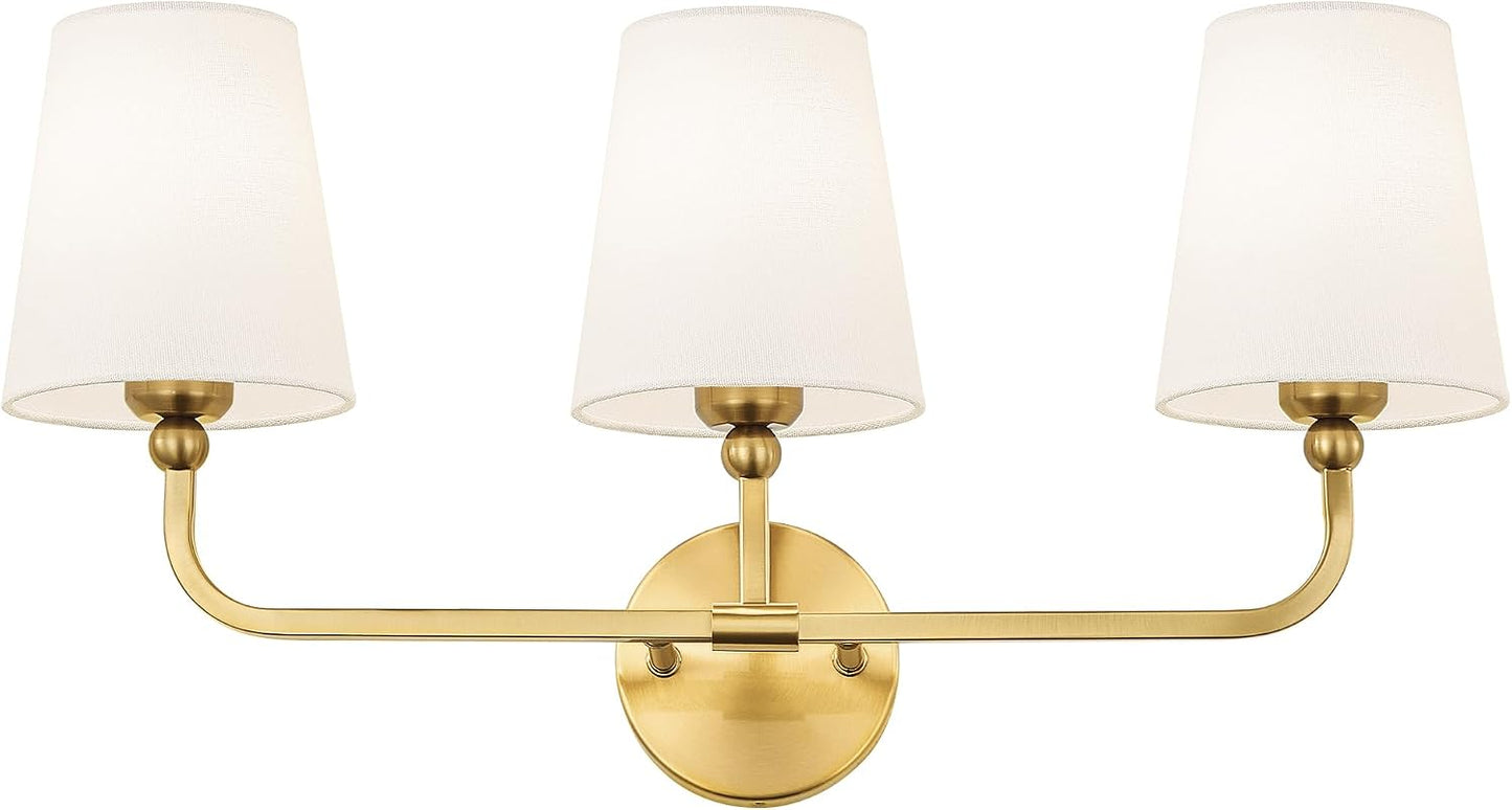 3-Light Brushed Gold Bathroom Vanity Light, White Fabric Shades | 24.5" bathroom light fixtures over mirror, upward only, E26 base, bulbs not included, VL837-BG-3