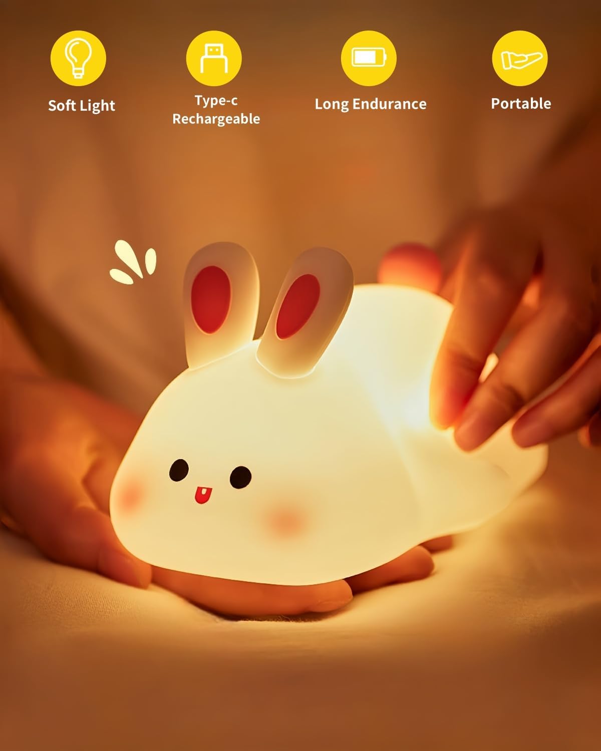 Big Face Rabbit Night Light for Kids, Squishy Silicone Bunny Lamp with Touch Control, 3 Brightness Levels, 30-Min Auto-Off Timer, Rechargeable Bedside Nursery Lamp