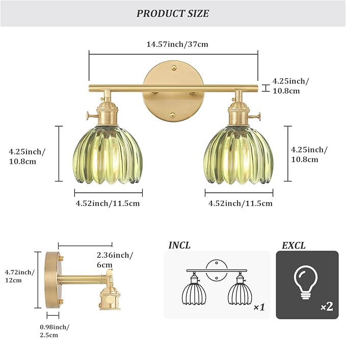 Shenmoyl Bathroom Light Fixtures, 2-Light Brass Vanity Wall Light Over Mirror - Image 5