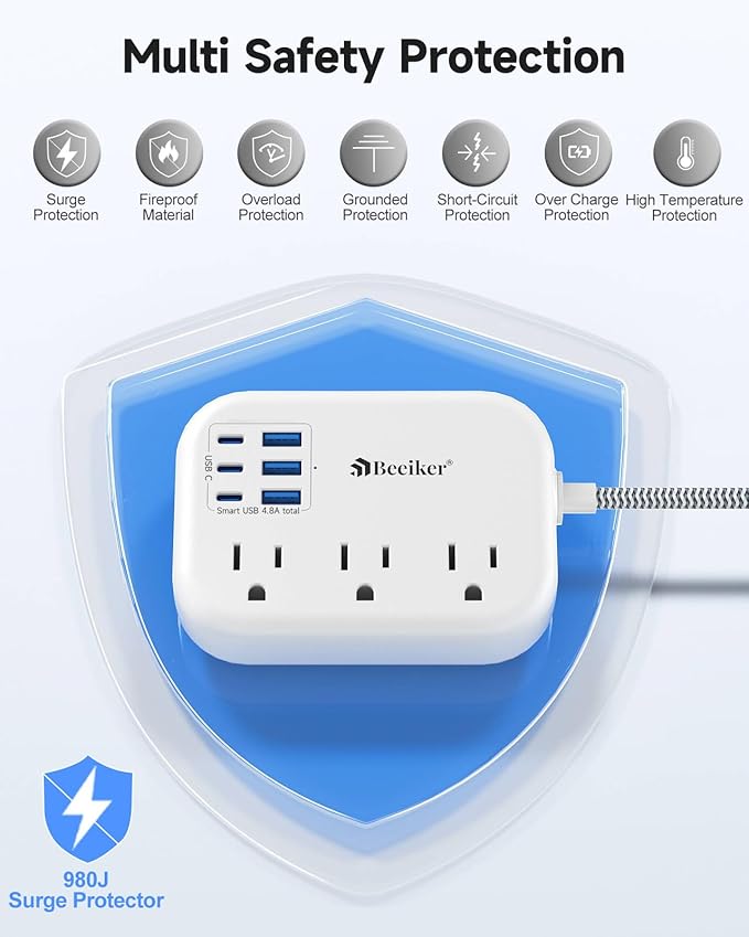 Beeiker Short Extension Cord 2 Foot- 6 USB Travel Power Strip - Image 6
