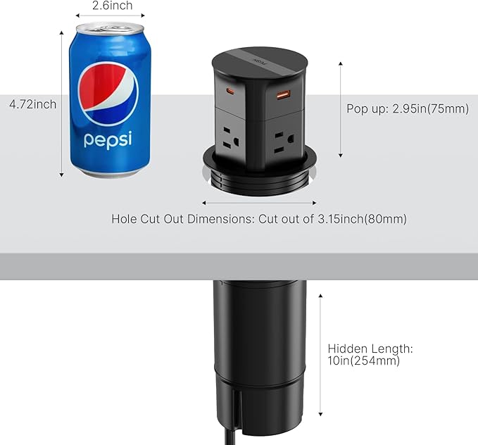 Pop up Outlet for Countertop, PD 20W USB C Fast Charging, 3.15" Desk Grommet - Image 5
