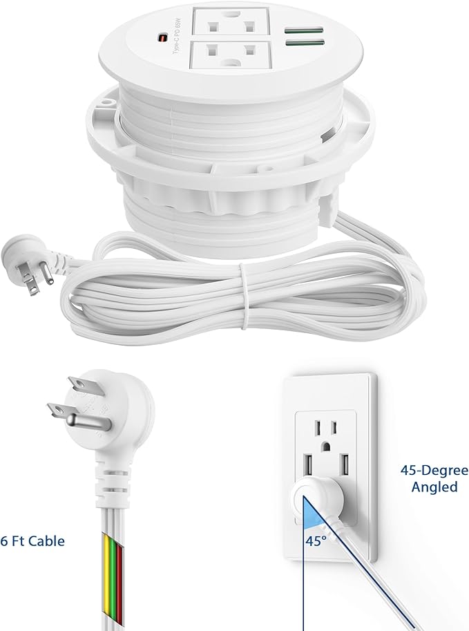 3-inch Desktop Power Grommet, Max 65W USB C Charger, 2 Outlets and 3 USB - Image 5