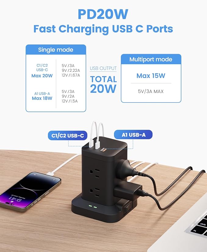 Power Strip Tower with Surge Protector 1800J, Fast Charging Tower PD20W USB-C - Image 4