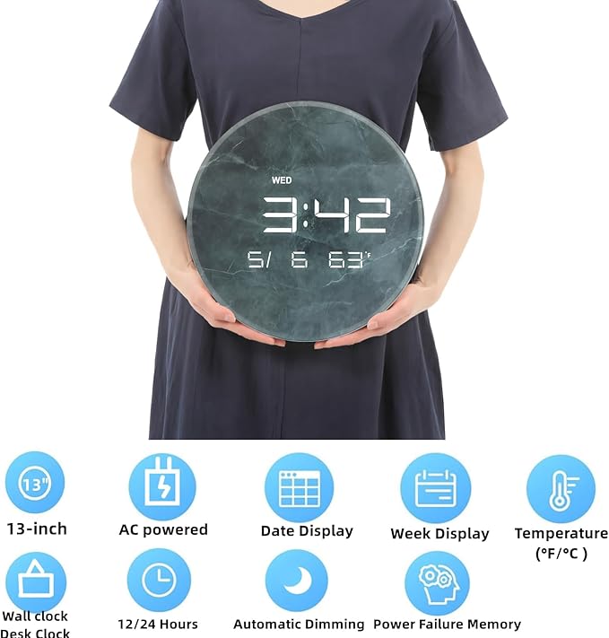 Nbdeal Digital Wall Clock with LED Display, Automatic Dimming, 12/24hr Format - Image 3