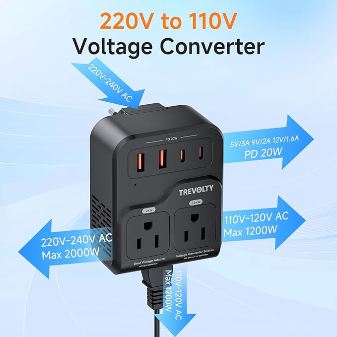 TREVOLTY 2000W Voltage Converter US to Europe, 220V to 110V Converter - Image 4