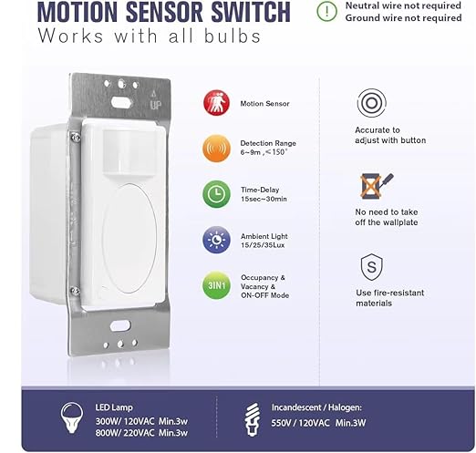 PIR Motion Sensor Light Switch, Occupancy Sensor Switch | 5Amp | Sigle-Pole | - Image 4