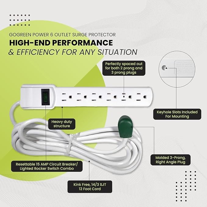 GoGreen Power Inc. 6 Outlet Surge Protector, 12FT Cord, 2 Pack - Image 5