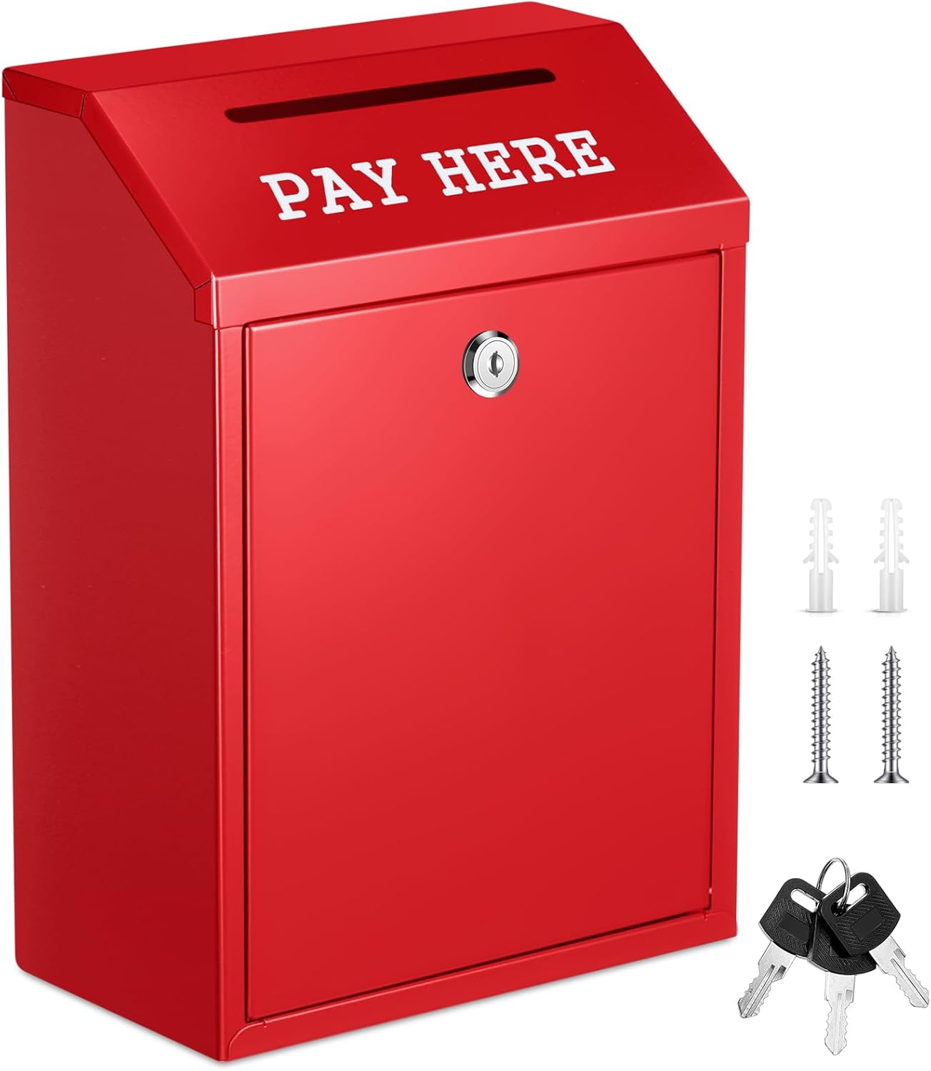 Yaocom Metal Money Cash Box,Red,11.8 x 8.6 x 4.7 Inch | Wall Mount Pre-drilled Farm Stand Outdoor, Lockable Drop Slot for Donations, Pay Here Self-serve Safe Cash Lock Box