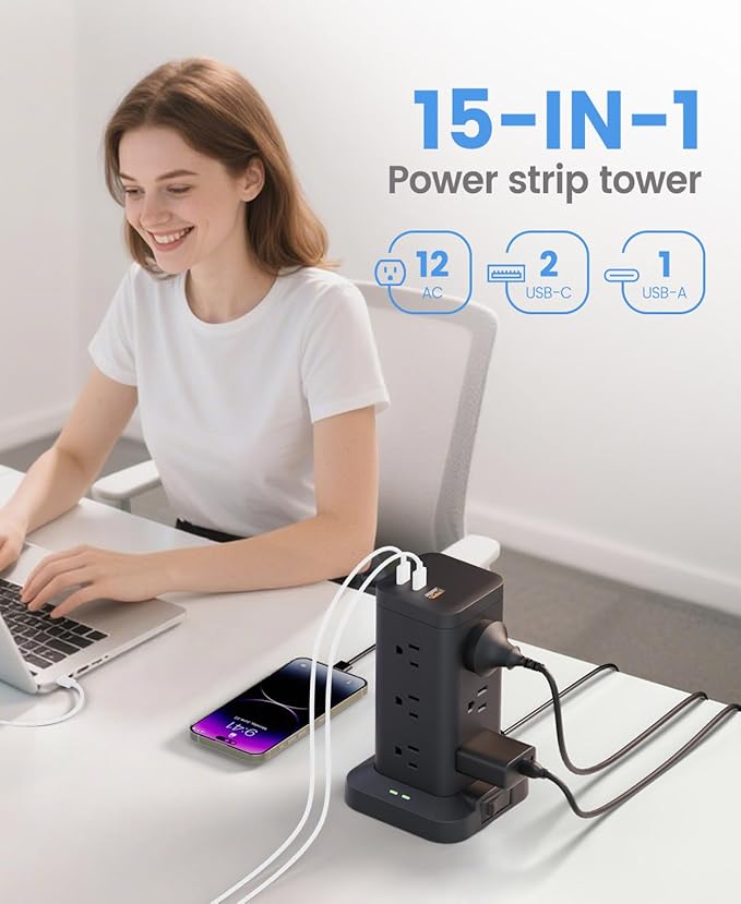 Power Strip Tower with Surge Protector 1800J, Fast Charging Tower PD20W USB-C - Image 3