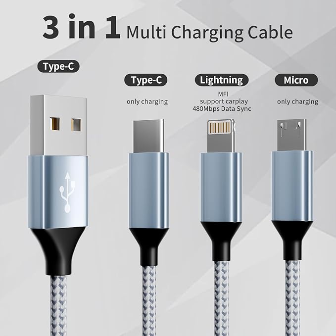 IDISON Multi Charging Cable, 3 in 1 Charging Cable Nylon Braided Multiple USB - Image 2