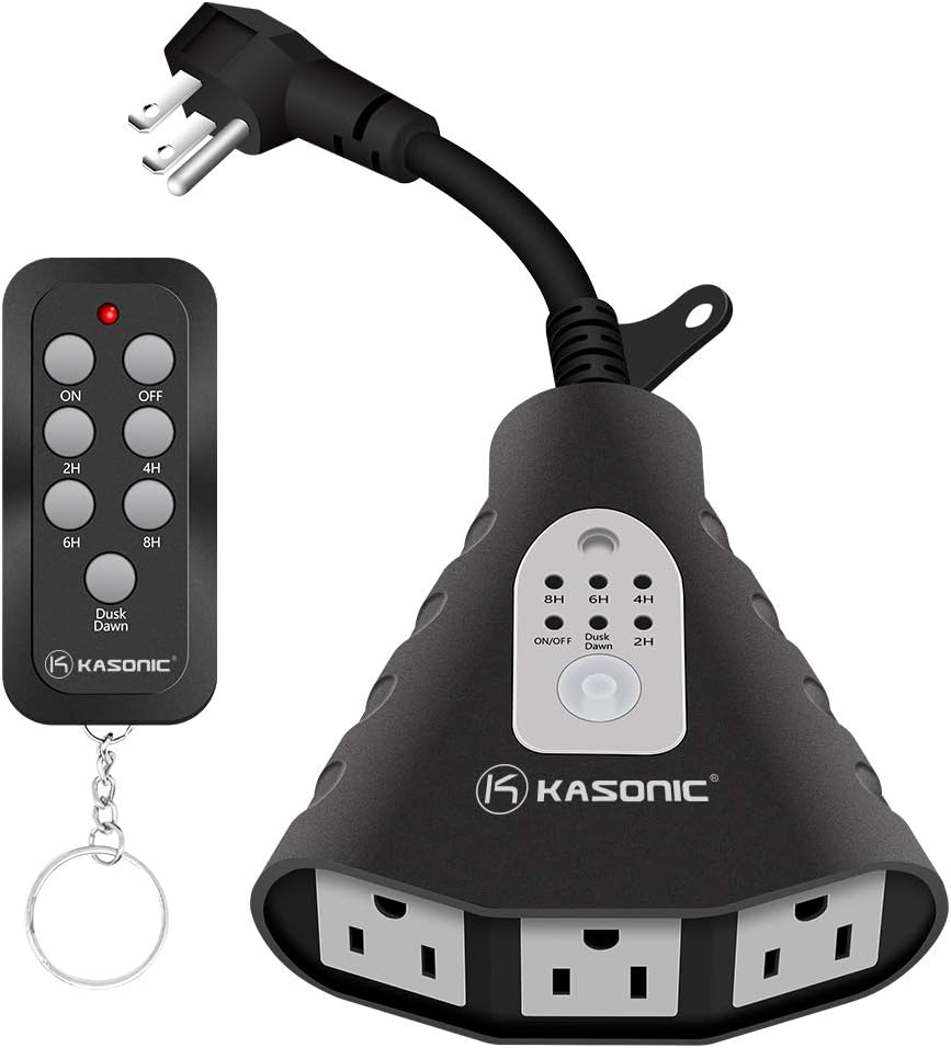 KASONIC Outdoor Light Timer, Waterproof Plug in Sensor Outlet Timer Switch | 100 ft Range Remote Control, 3 Grounded Electrical Outlets for Home Garden, ELT Listed