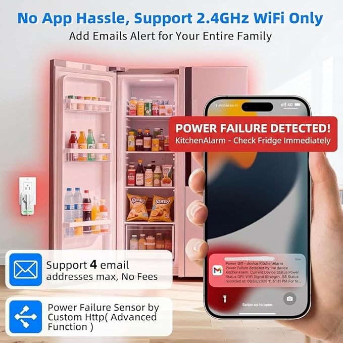 Power Failure Alarm WiFi with 4 Email Addresses, Loud 120dB Smart Power Outage - Image 2