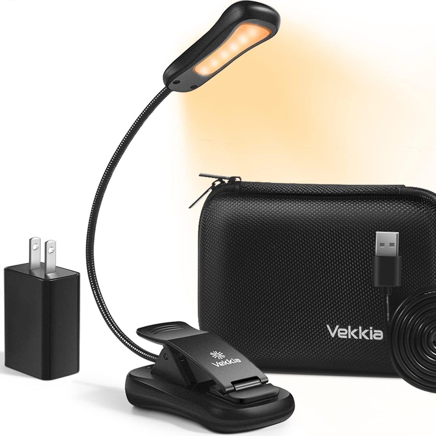 Vekkia Book Light Set with Charger, Clip on Reading Light in Bed | 3 Brightness,Up to 60 Hrs, Rechargeable,Eye-Care Warm LED for Read Before Bed (Incl Travel Case, Cable)
