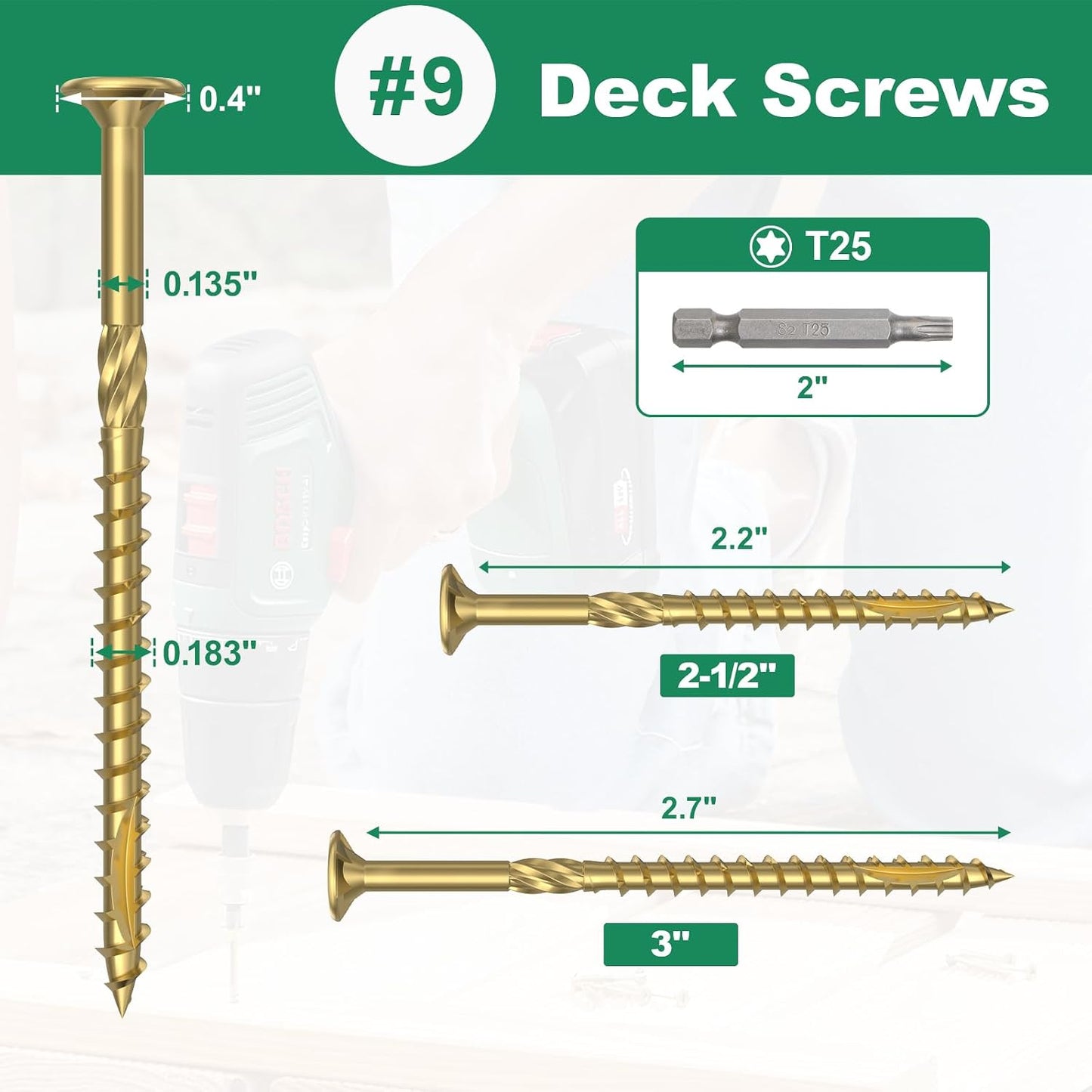 #9 x 2-1/2" Deck Screws, 100 Pcs Star Drive Wood Screws | Rust Resistant Construction Torx Screws for Timber/Log/Landscaping Wood, 4-Layer Coating, T25 Star Bit Included, Bronze