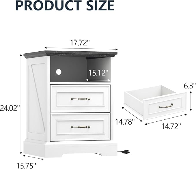 Nightstand with Charging Station, Rustic Farmhouse Wood Small Dresser, Bedside - Image 2
