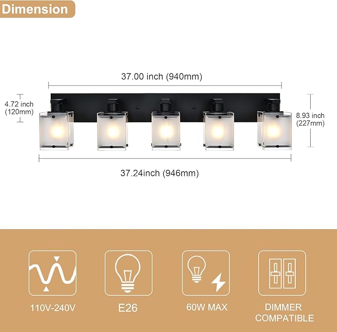 WINSHEN 5-Lights Bathroom Light Fixtures, Matte Black Modern Vanity Lights - Image 4