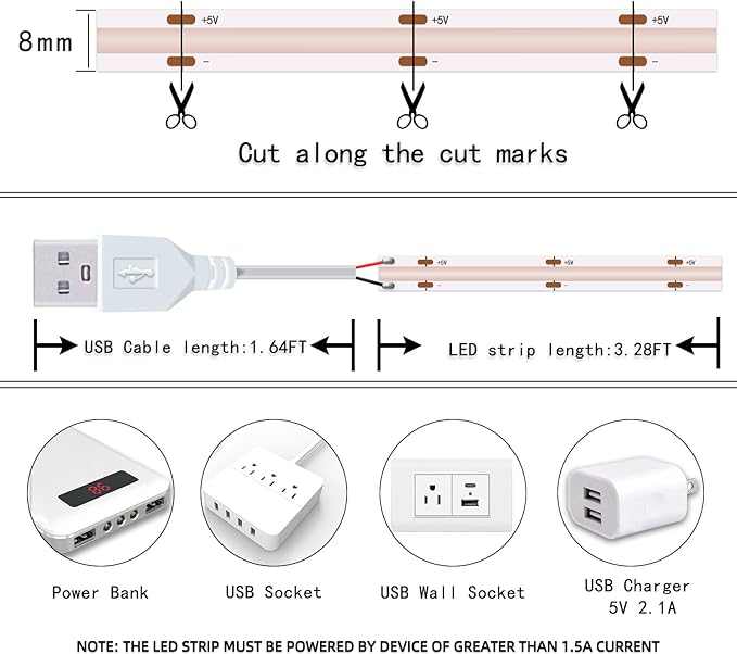UVTaoYuan Short LED Strip Lights Purple 5V USB Not Dimmable Flexible COB LED - Image 7
