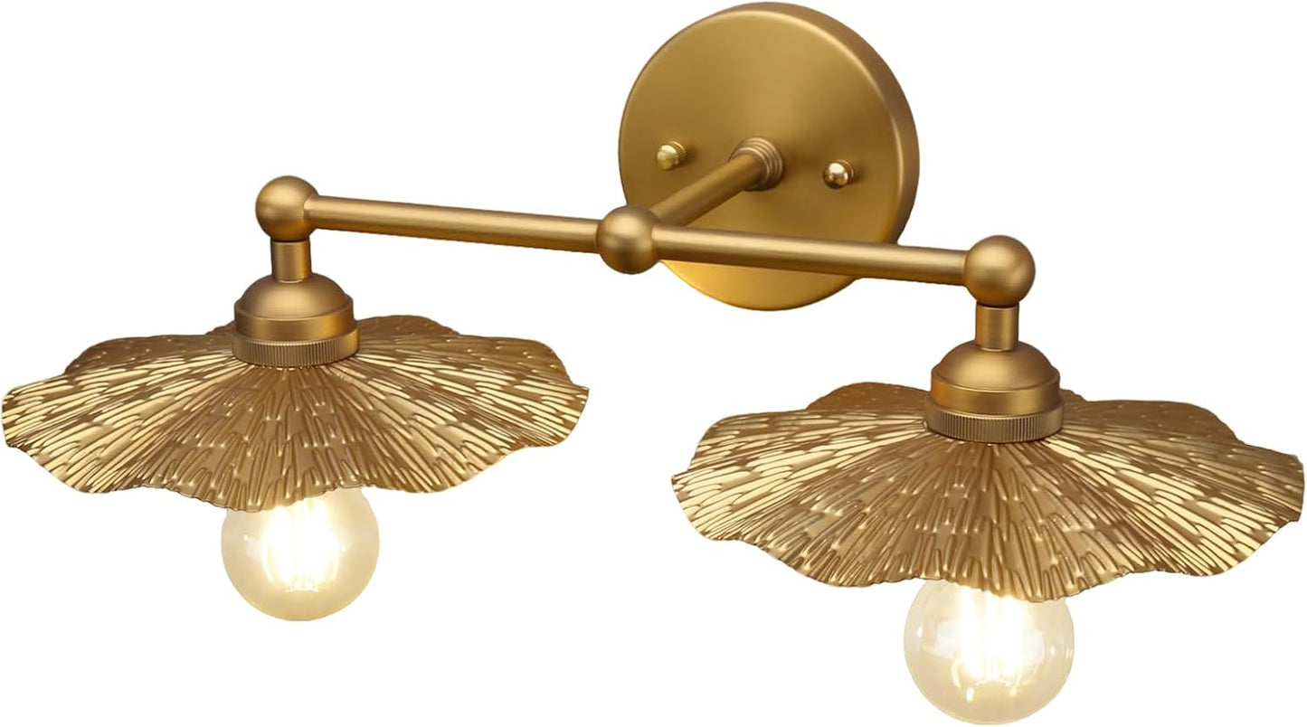 2-Lights Industrial Metal Wall Sconces, Antique Brass Flower Rippled Shade Wall Light Fixture for Bathroom Vanity, Bedroom, Dining Room, Living Room, Farmhouse, Stairs, Hallway