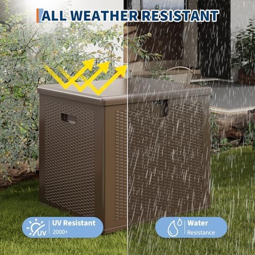 80 gal outdoor deck storage box lockable waterproof on a desk or shelf