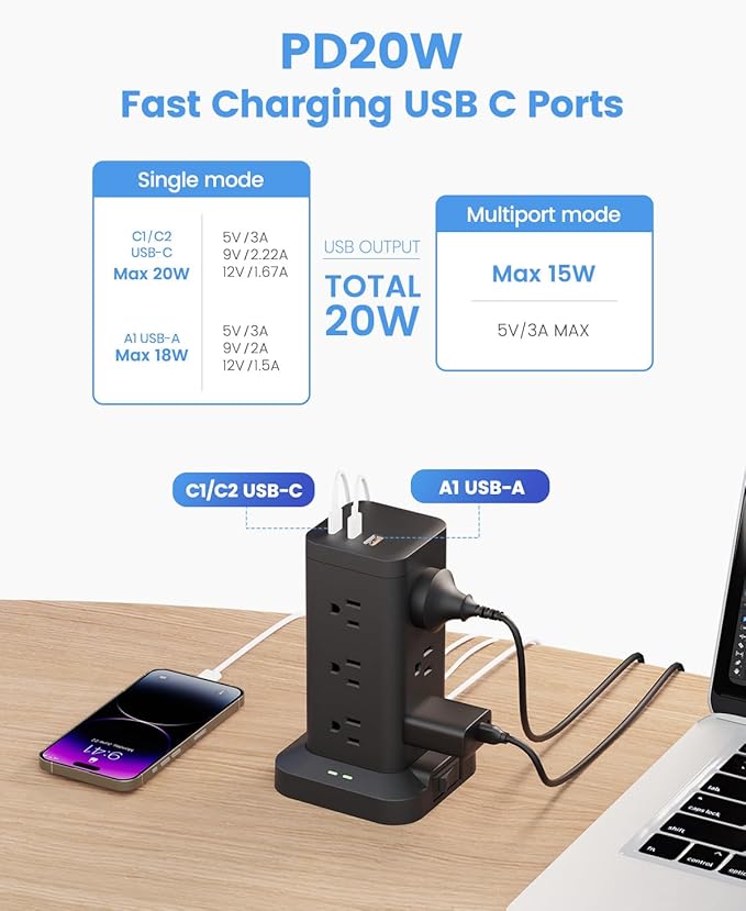 Power Strip Tower with Surge Protector 1800J, Fast Charging Tower PD20W USB-C - Image 4